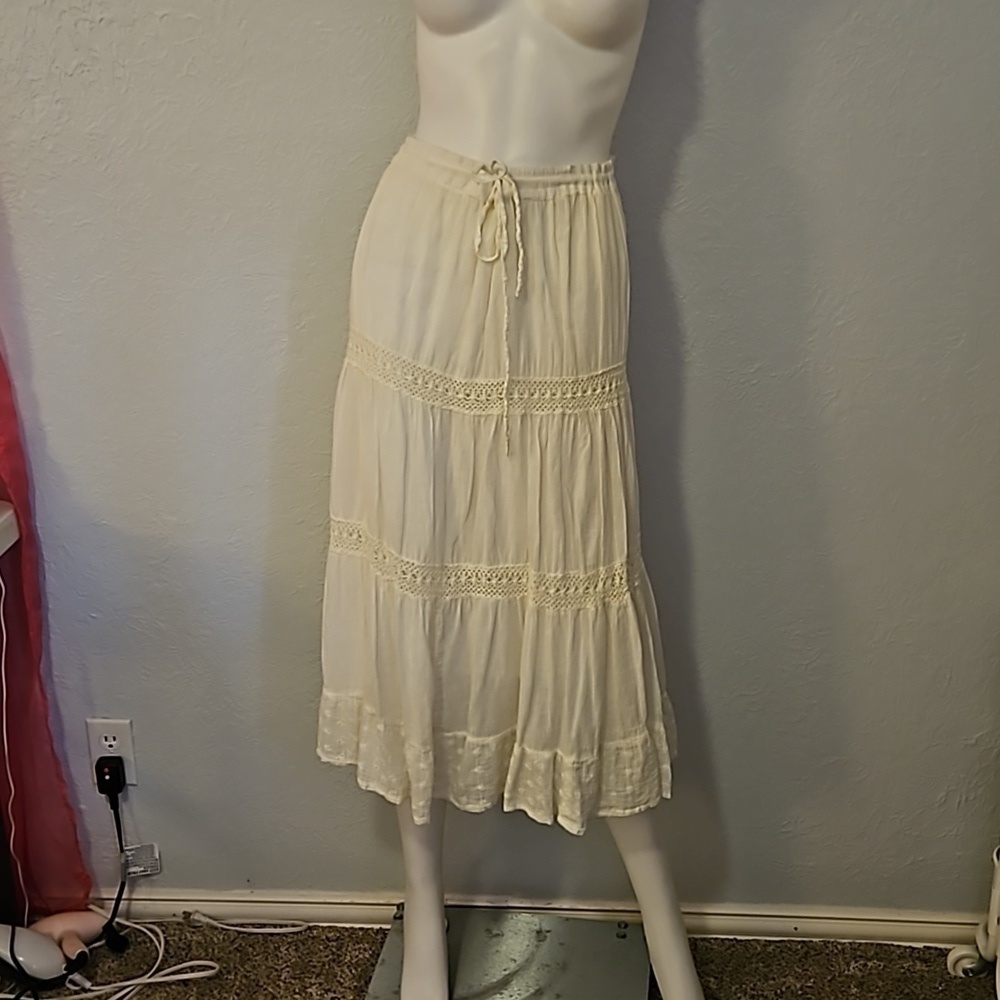 BOBBIE BROOKS 1990s Cream Lace Tiered Drawstring Waist Boho Festival Midi Skirt - Picture 3 of 8